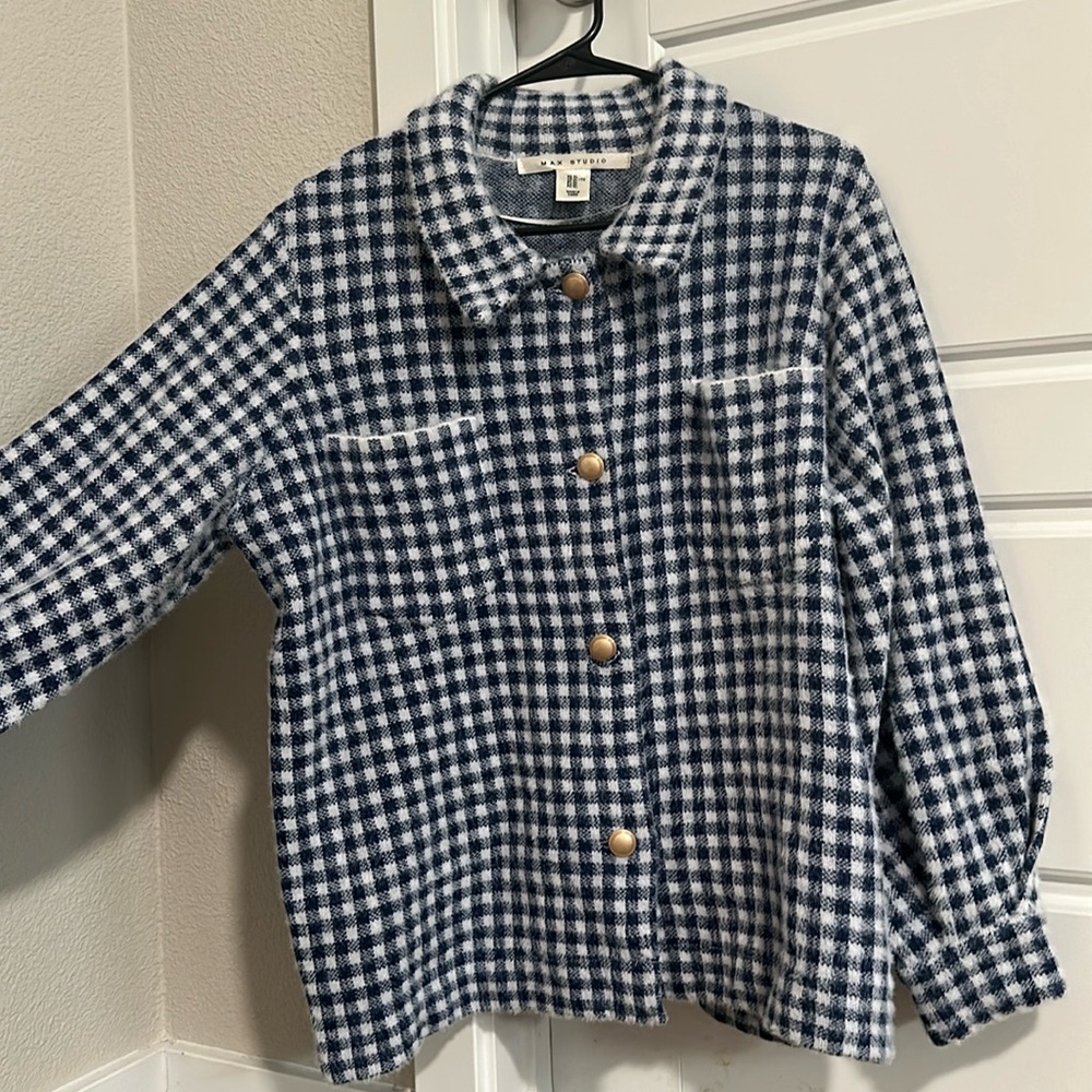 Max Studio Blue & White Checked Fuzzy Jacket with Gold Tone Buttons.  Size EL